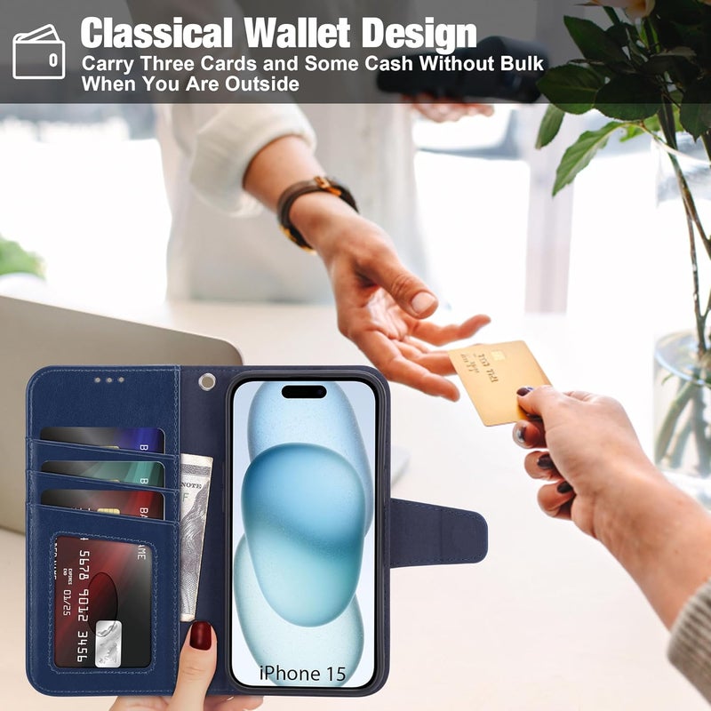 Arae Compatible with iPhone 15 Case with Card Holder and Wrist Strap Wallet Flip Cover for iPhone 15 6.1 inch,Blue - Image 5